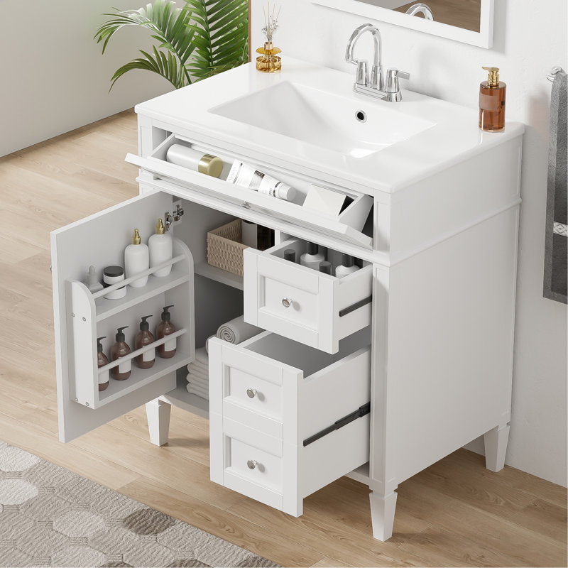 Meuble-lavabo de salle de bain avec lavabo supérieur, meuble de rangement moderne avec 2 tiroirs et un tiroir basculant, meuble-lavabo simple
