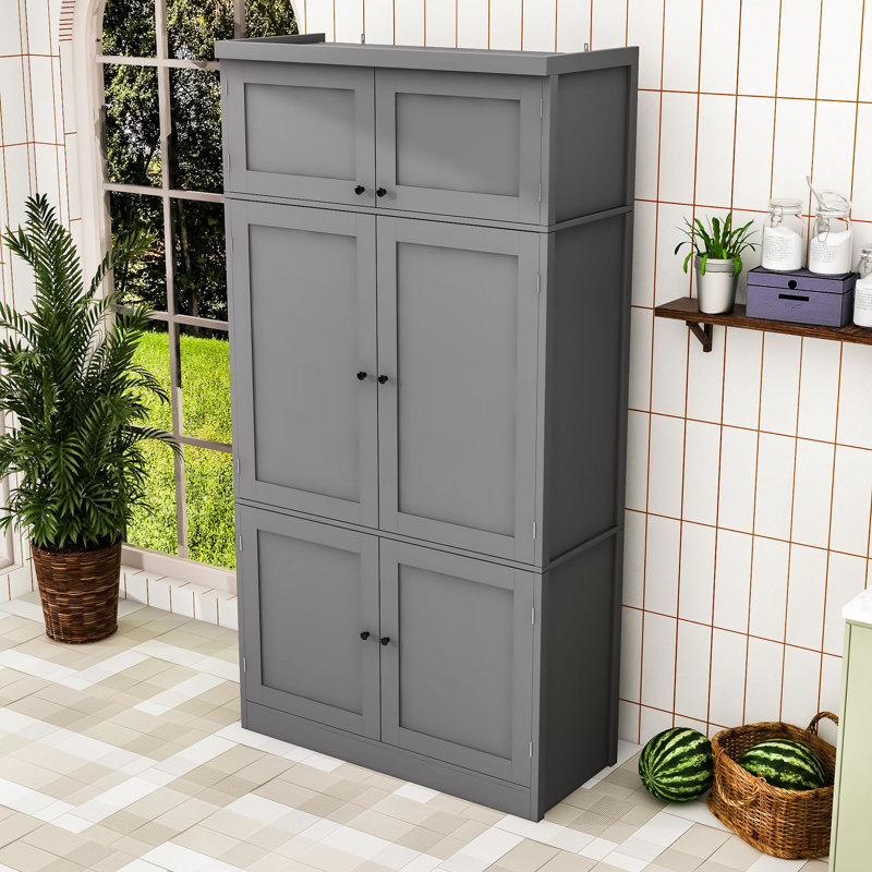 Grand garde-manger autoportant avec rangement de style Shaker, tablettes réglables et 2 prises de courant, Gris
