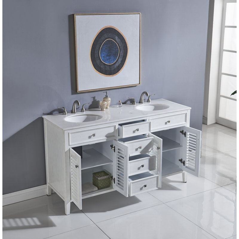 Watkinsville 60'' Double Bathroom Vanity with Top, Antique White, White Crystal