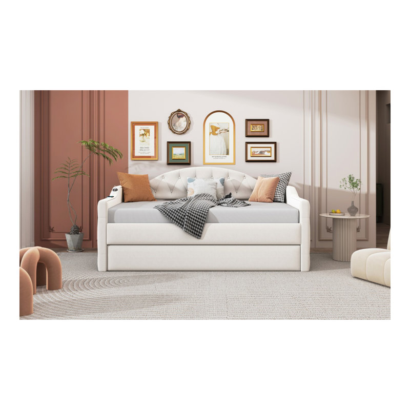 Lit de jour simple rembourré capitonné avec couchette, canapé-lit en velours avec ports USB et ports de charge de type C, aucun sommier nécessaire