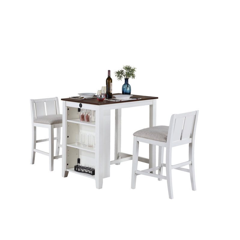 Table de salle à manger 3 pièces à hauteur de comptoir avec 3 tablettes et 2 chaises, Brun / Blanc, Blanc