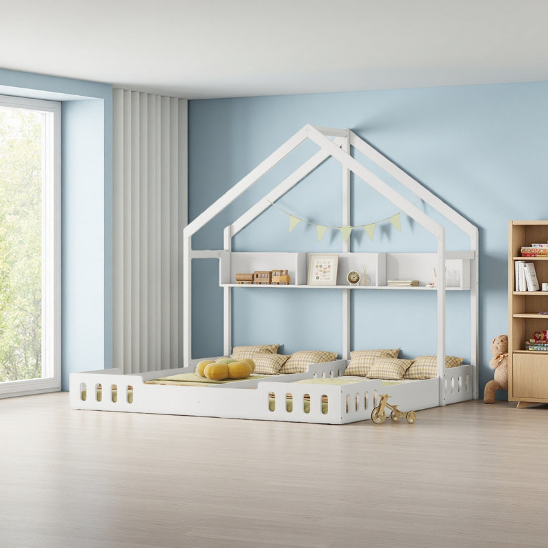 Lit plateforme en bois pour lit simple, deux lits partagés avec tablettes et garde-corps
