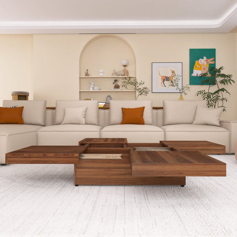 Walnut Square Wood Veneer Coffee Table Sliding Top With Storage