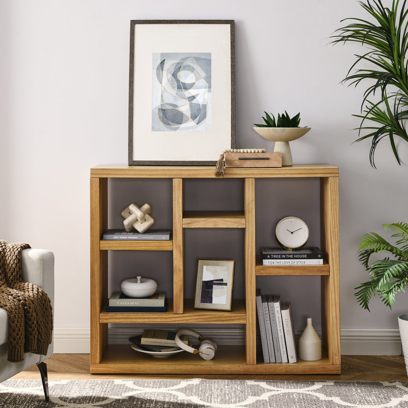 43"W Freestanding Cube Storage Bookcase, Display Storage Cabinet with 7 Cube Storage Spaces, Natural Wood