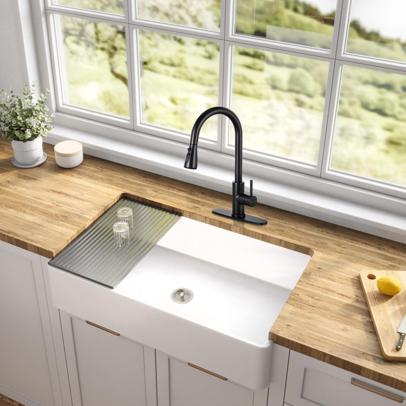 Robinet de cuisine rétractable à poignée simple avec douchette, Noir mat