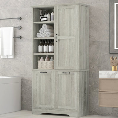 Armoire de salle de bain de 68 po de hauteur avec panier à linge inclinable, armoire de rangement haute autoportante avec espace de rangement ouvert et tablette réglable, organisateur de rangement de salle de bain multiple pour salle de bain, bureau, sa
