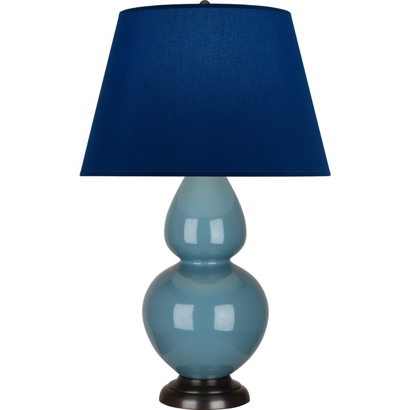 Lampe de table double gourde en céramique, Bleu acier émaillé / bronze, Bleu marine/gris, Bronze