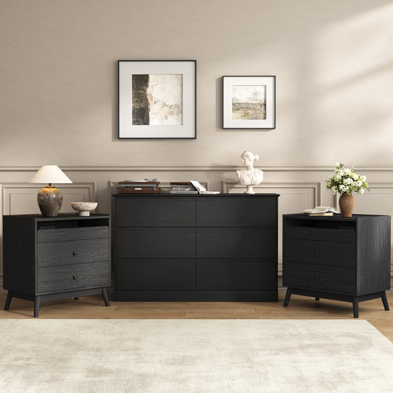 Ensemble de chambre à coucher 3 pièces avec commode à 6 tiroirs 47,2 po et deux tables de chevet à 3 tiroirs, style rétro avec stations de recharge
