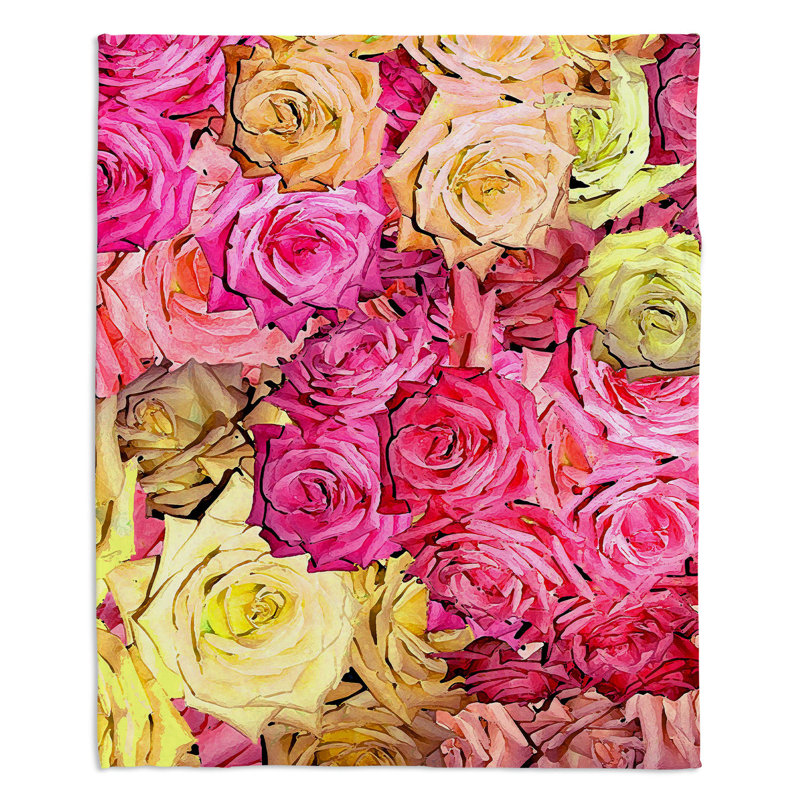  Jeté Roses, l 68 po x L 80 po, Jaune / Rose