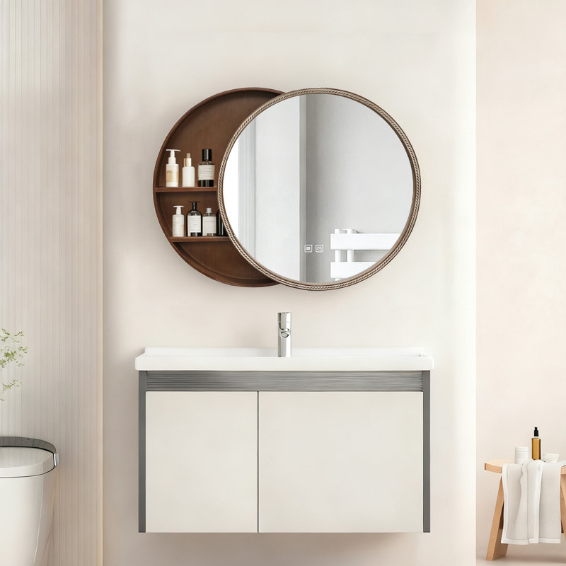 Miroir mural coulissant 23,62 "avec tablettes de rangement - Armoire d'appoint en bois à 2 niveaux