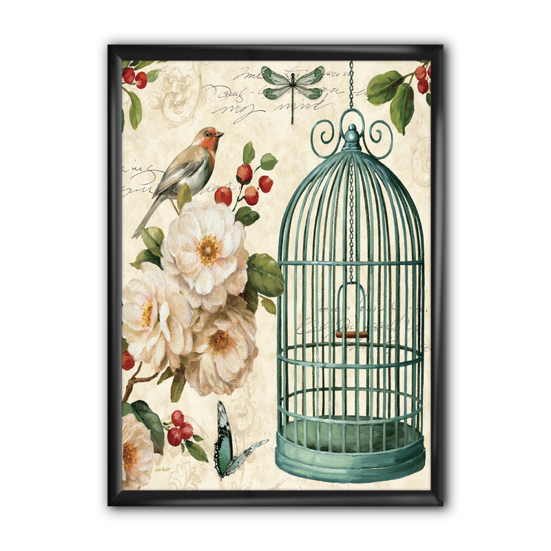 " Blue Cottage Bird, Birdcage And Apple Blossoms II ", 20" H x 12" W x 1" D, Black Framed