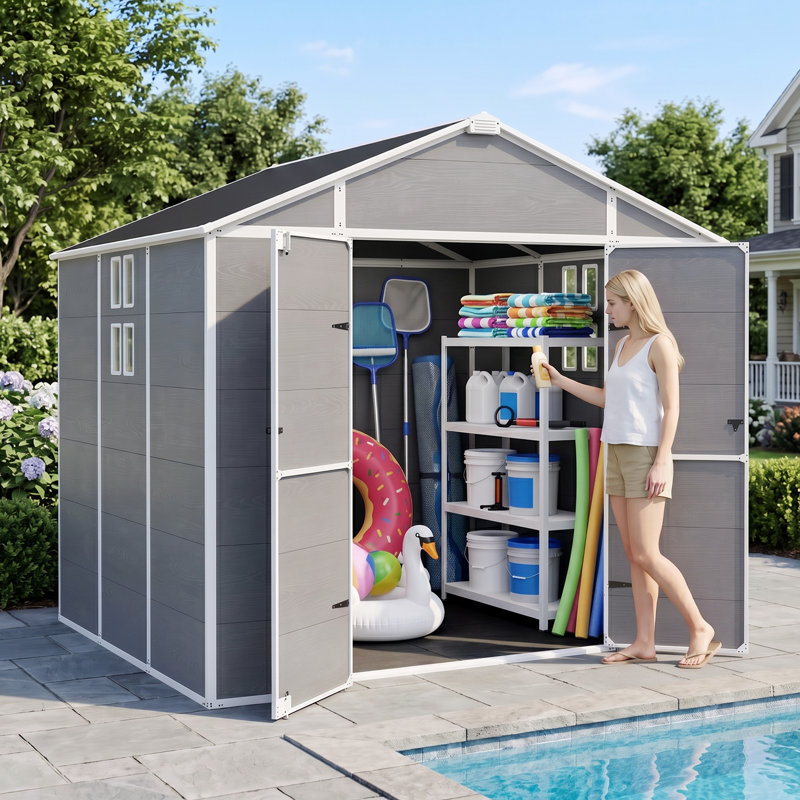 Remise de rangement extérieure en plastique 8 x 8 pi pour jardin, grande remise en résine avec plancher, porte verrouillable et évent