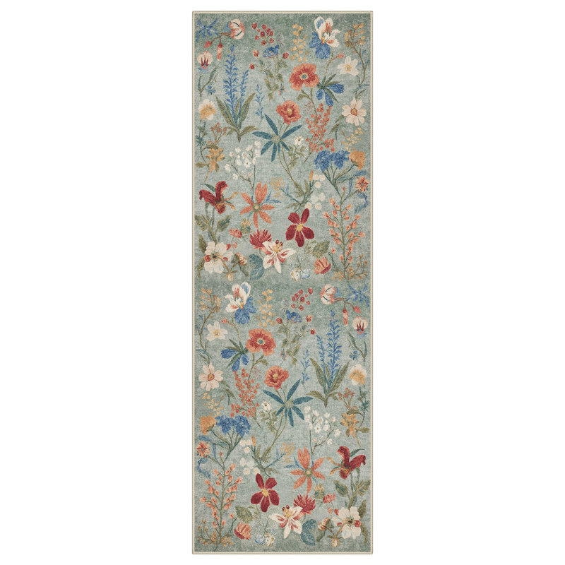 Abbey Botanical Heritage Machine Washable Area Rug - 20th-Century English Garden Inspired Faux Wool - High-Rebound Foam & Non-Slip Backing