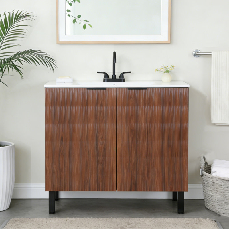Walnut Oak Modern Free-Standing Bathroom Vanity Set, 35.4"