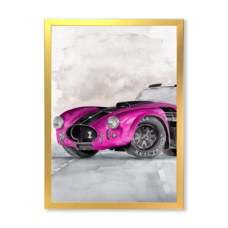 «Beautiful Old Magenta Car on Grey», peinture sur toile, H 32 po x l 16 po x P 1 po, Cadre doré