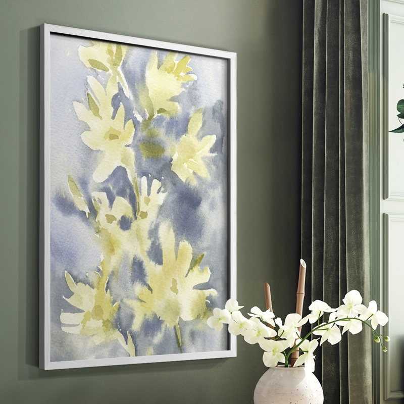 Forsythia Blooms I Framed Print - Solid Wood, White, 20" H x 16" W
