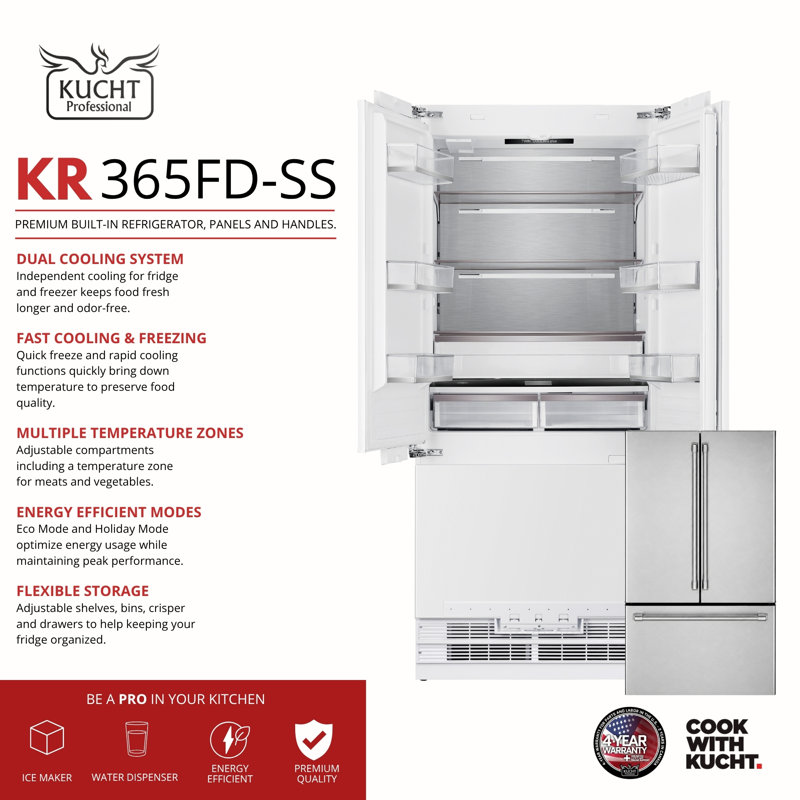 Kucht 35.75 in. W Built-In French Door Refrigerator, Stainless Steel/Silver
