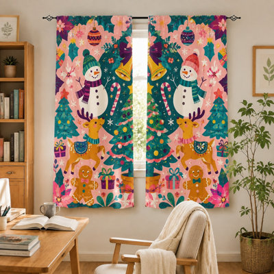 2Pcs Christmas Snowman Reindeer Gingerbread Man Pattern Curtains, Festive Cute Cartoon Modern Holiday Light Filtering Curtain For living bedroom Kitchen Window Drapes