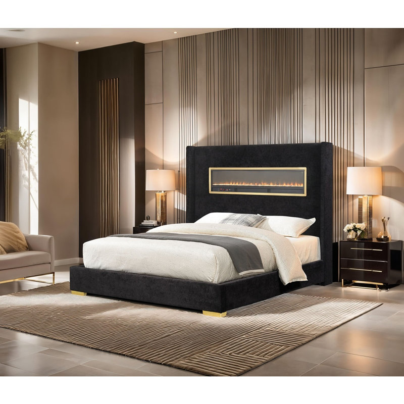Cadre de lit tapissier de style contemporain de style très grand lit noir de style contemporain 1 pièce, Noir, Très grand lit