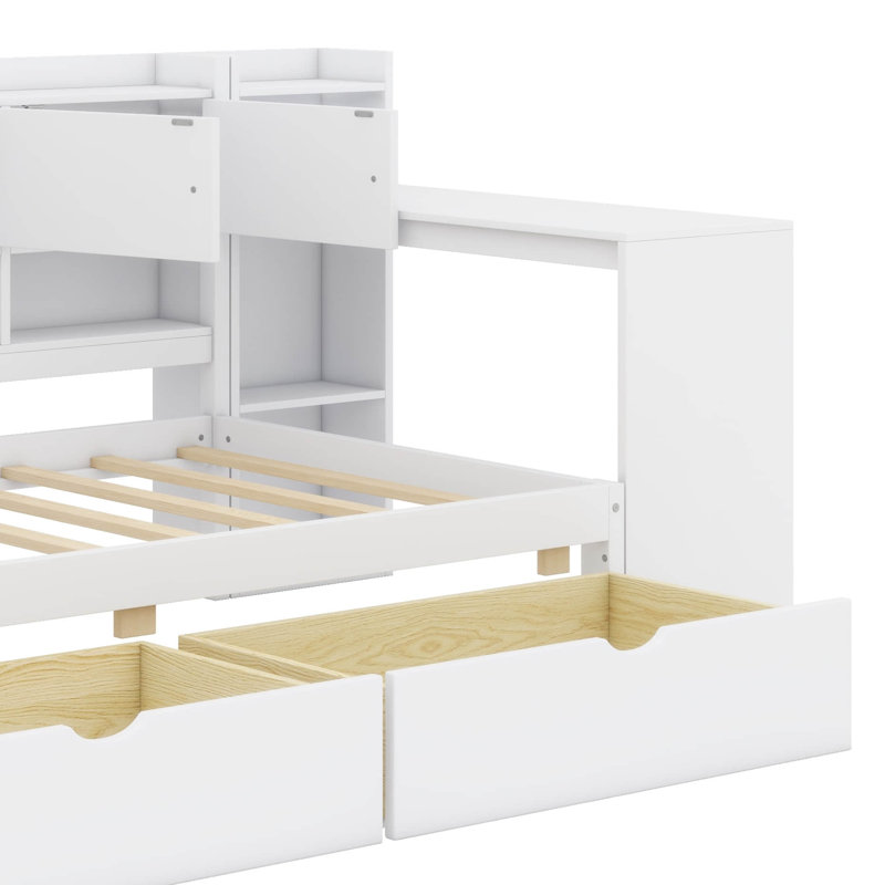 Wooden L-Shaped Daybed Boasting Seven Storage Cabinets And Two Drawers, Multi-Purpose Bed With An Attached Study Desk, Twin