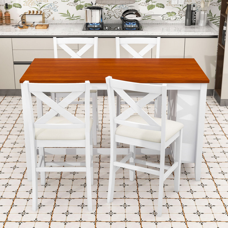 Ensemble de salle à manger à hauteur de comptoir 5 pièces Farmhouse avec table rectangulaire et 4 chaises rembourrées, Blanc