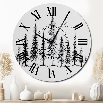 Pine Tree Forest in Winter Wonderland I - Black Landscape Metal Wall Clock