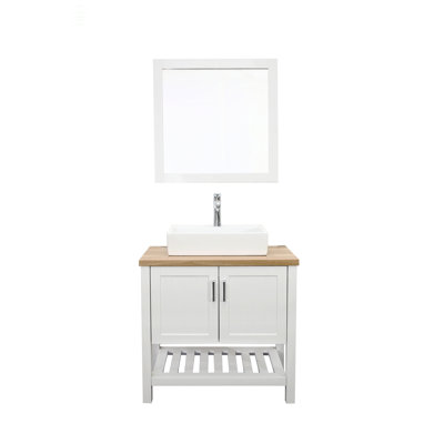 Meuble-lavabo 32 po avec lavabo, meuble-lavabo simple avec portes et tablette ouverte, petit meuble-lavabo en bois massif avec lavabo, pour salle de bain