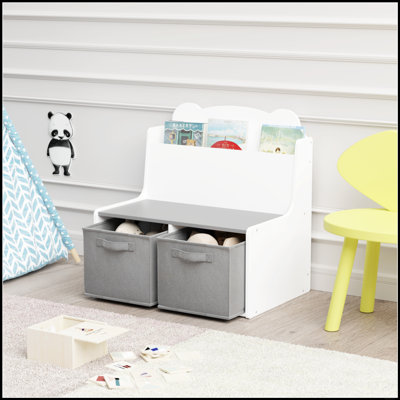Bibliothèque pour enfants avec bacs de rangement - Bibliothèque en bois avec étagère à livres et 2 bacs en tissu, joli panneau en forme d'ours, rangement pour jouets