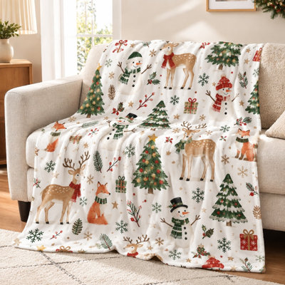 Couverture en flanelle imprimée animaux de la forêt et bonhomme de neige (1 pièce) – Motif festif ; douce et confortable ; lavable à la machine ; idéale pour la décoration intérieure et les cadeaux de Noël ; parfaite pour le salon, la chambre et la détente. Convient également pour la literie et le canapé.