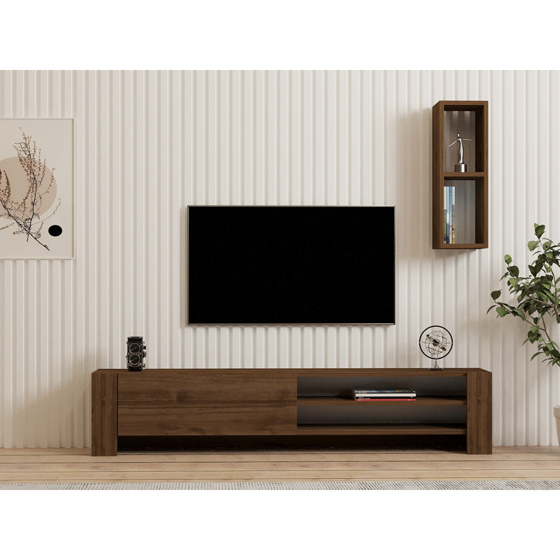 Modern Walnut TV Unit with Wall Shelf, 63.0 x 13.0 x 10.6 inches | 100% Melamine Coated Particle Board, Thickness: 0.7 inches | Multiple Shelves, Wall-Mountable, Stylish Storage Solution for Living Room