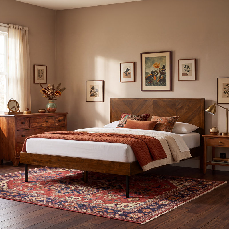 Solid King Wood Bed Frame With Headboard Platform Bed, Handcrafted Pattern, Walnut Finish Scandinavian Signature Bedroom Furniture 800 Lbs Capacity