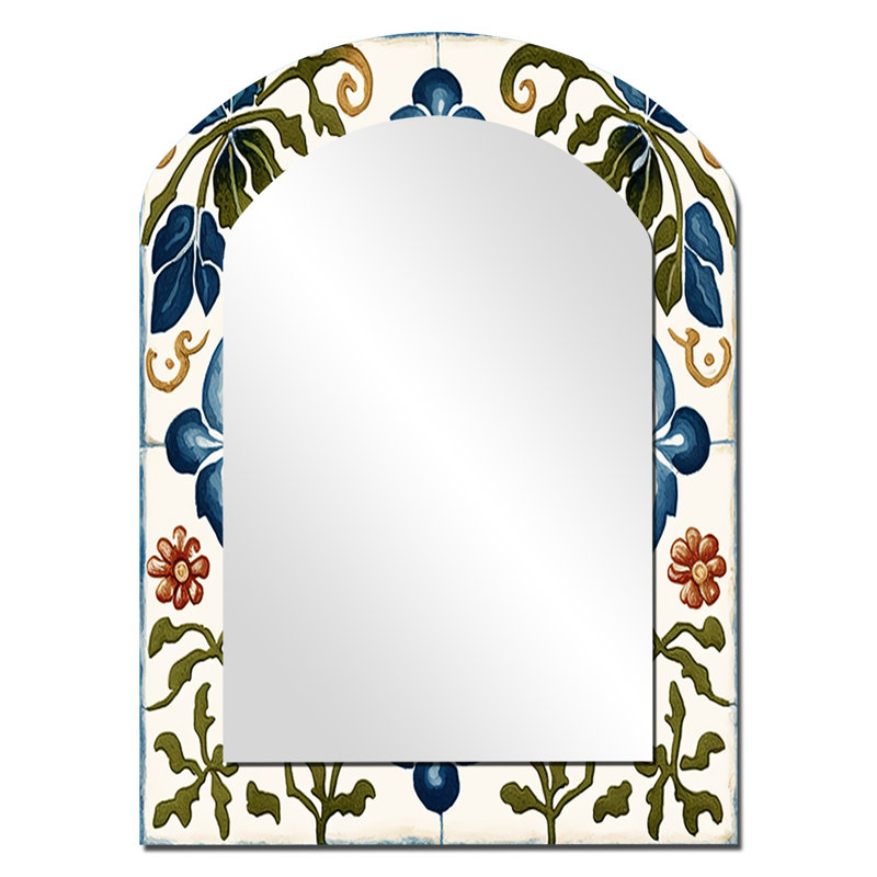 Méditerranée, carreaux en bleu rétro I - miroir asymétrique, miroir mural décoratif arche bleue, 34 po x 25 po