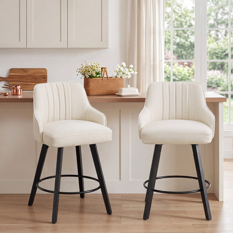 Modern Fabric Upholstered Swivel Bar Stool, Beige, 2