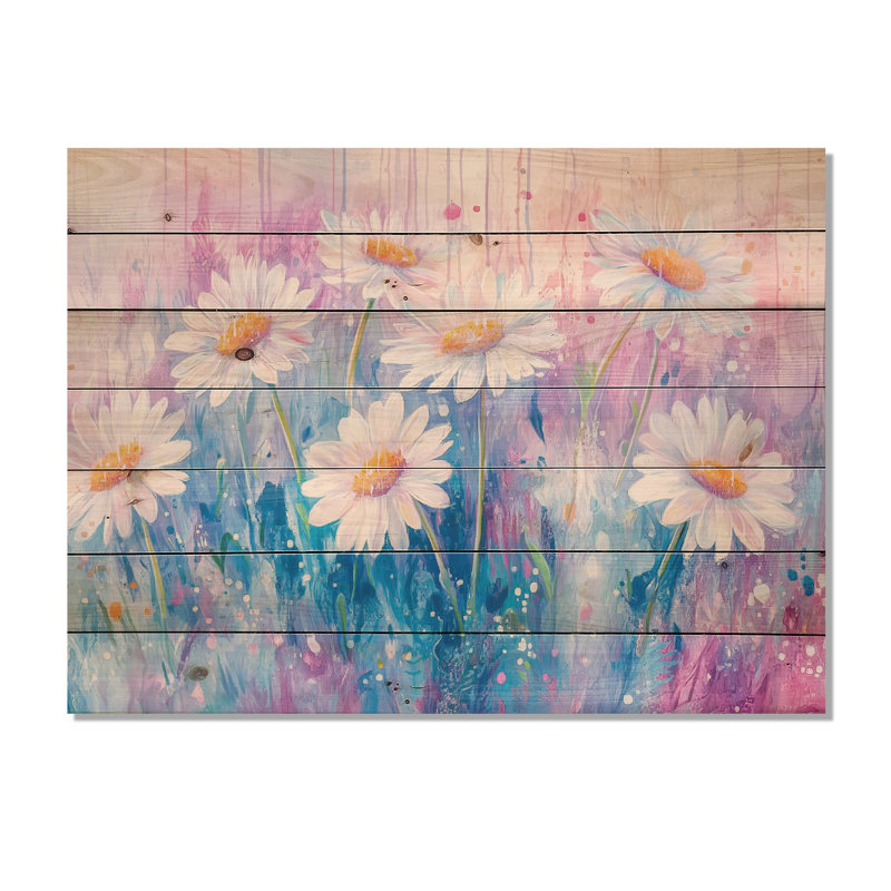 Marguerite blanche au lever du soleil I - marguerites, impression sur bois bleu sur bois de pin naturel