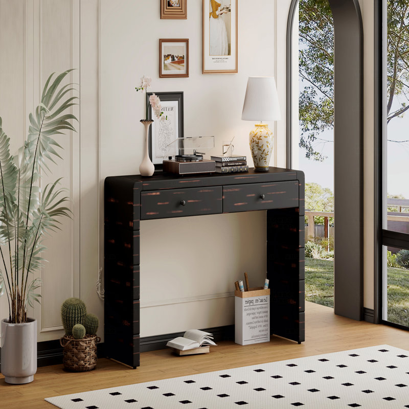 Console incurvée, avec table de rangement en bois pour le hall d'entrée avec 2 tiroirs, maison de campagne rustique pour entrée, couloir, salon (noir vieilli)