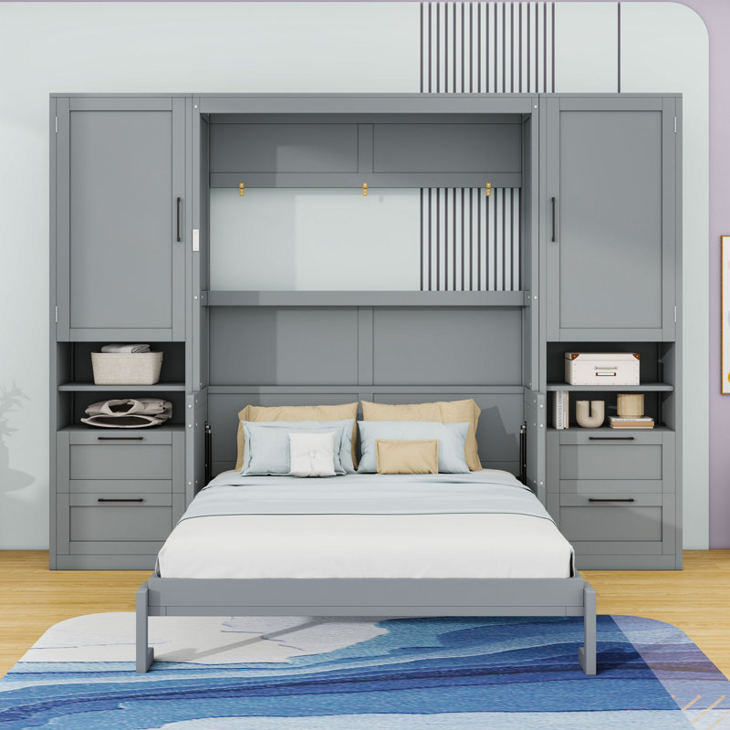Lit escamotable en bois avec tiroirs et tablettes de rangement intégrés, Gris, Double