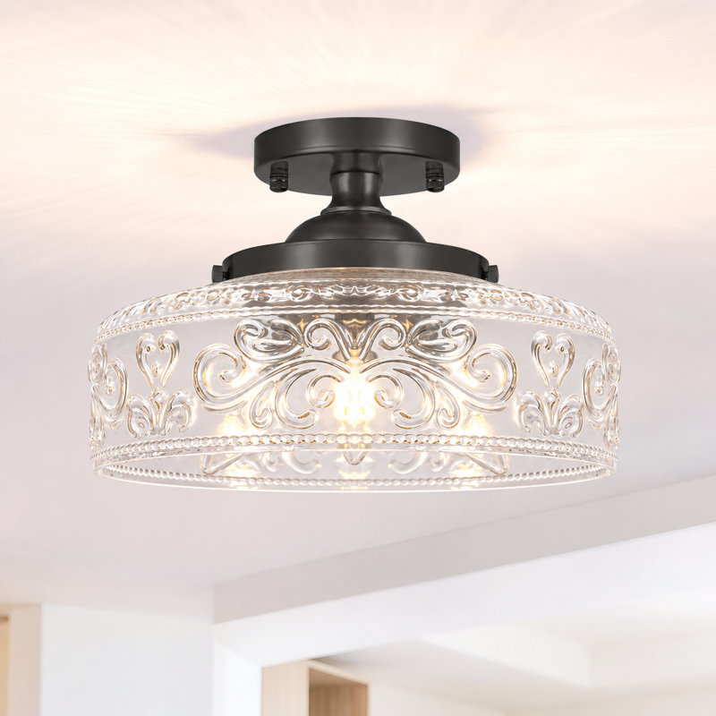 Vintage Matte Black 3-Light Semi Flush Mount Ceiling Light Fixture with Etched Clear Glass Shade, Matte Black