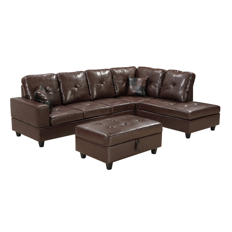 Sectional Sofa Set, Faux Leather Sofa with Free Storage Ottoman, Left Hand Facing, Brown Faux Leather