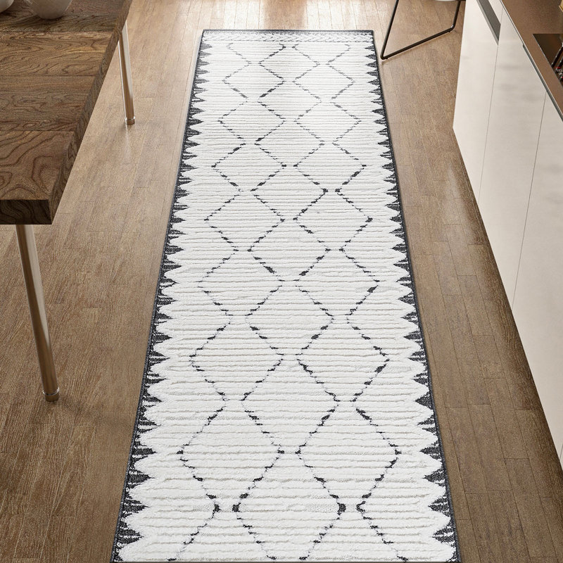 Modern Design Step Collection High-Low Trellis Cream/Anthracite Indoor Runner Rug, Runner 2'2" x 8'
