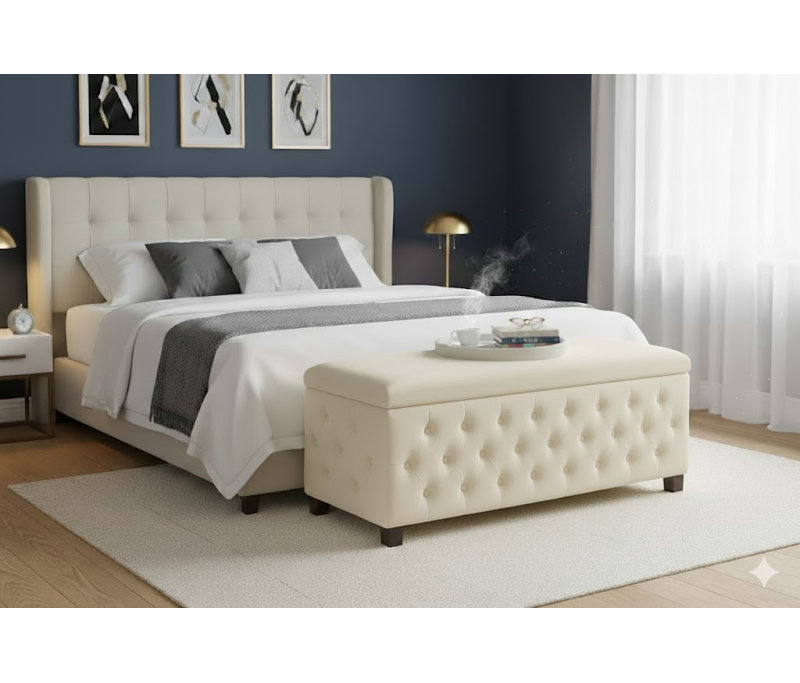 Wide Velvet Rectangle Ottoman Storage Box with Legs, Tufted Upholstered End of Bed Storage Bench, Deep Storage Ottoman Footstool Coffee Table