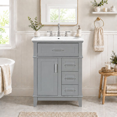 Meuble-lavabo de 24 po avec lavabo en céramique, structure en bois massif et armoire en panneau de fibres à densité moyenne, 1 porte, tiroir rabattable et 3 tiroirs, charnières à fermeture en douceur, tablette réglable, poignées argentées