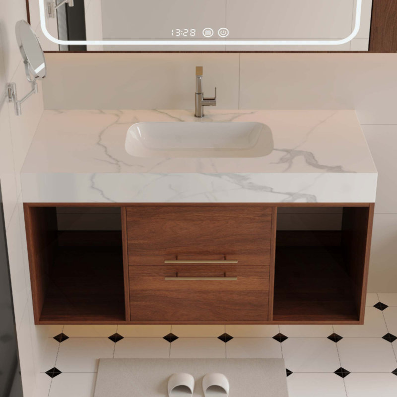 Meuble-lavabo flottant avec lavabo en céramique, meuble-lavabo mural 2 tiroirs et plateau en ardoise, Noyer, Blanc, 39"