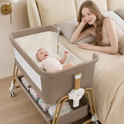4 In 1 Baby Bassinet & Co-Sleeper,Infant Bedside Crib With Lockable Wheels, Storage, Anti-Light & Anti-Mosquito Net And Matress, 7 Level Height Adjustable, Cradle Bedside Sleeper Bassinet For Boys Girls Toddler Newborn,Khaki