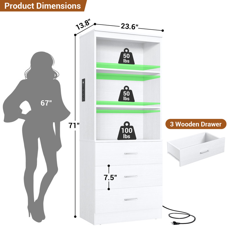 23.6" × 71" Freestanding Closet System With Charging Station And 3 Drawers, White