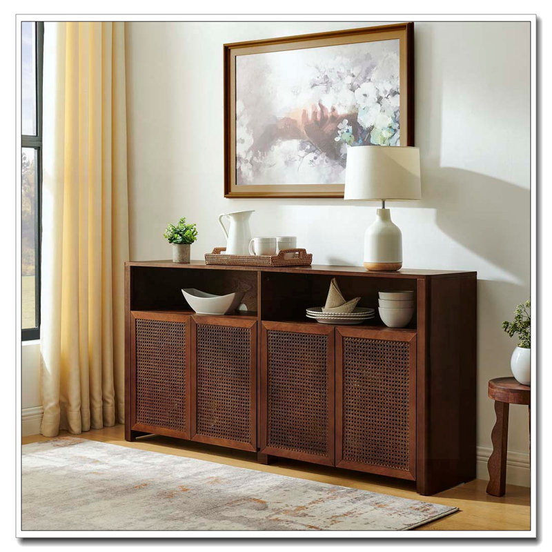 Armoire 4 portes en rotin avec rangement, crédence de bar à vin rétro pour le salon / le vestibule / la cuisine, Noyer