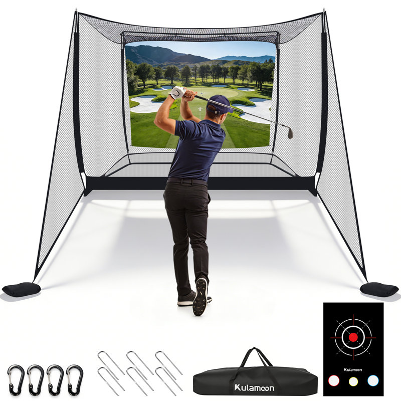 Enceinte de simulateur de golf 3-en-1 10 pi x 8 pi - Pratique de golf frappant une cage de filet avec un écran d'impact silencieux de 500 g, des barrières latérales et un chiffon cible de filet de poche