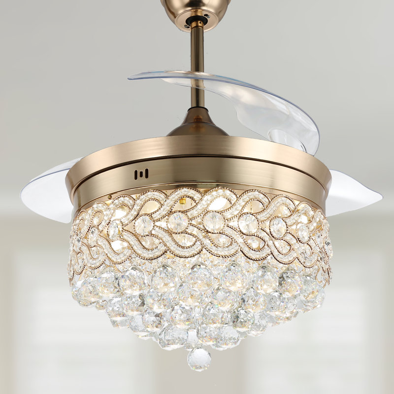 Maplewood 42" Crystal Ceiling Fan with 4-Blades, Quiet DC Motor w 6 Speed, Remote Control, French Gold