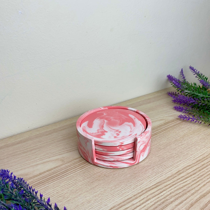 Stoneware Round 4 Piece Coaster Set With Holder, Pink