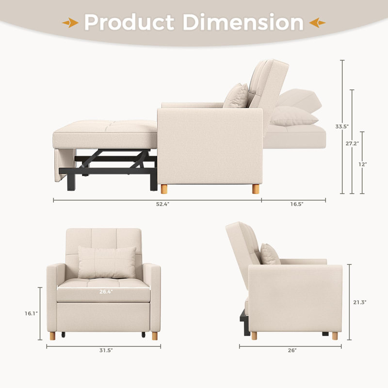 Beige Linen Convertible Sleeper Chair with Adjustable Backrest