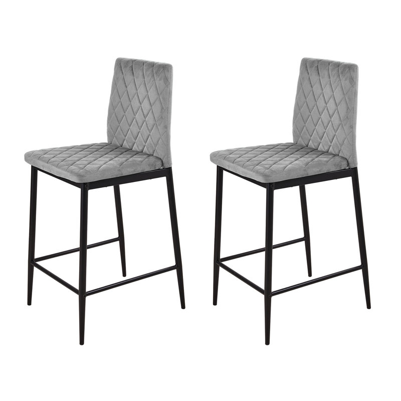 2pcs Velvet Upholstered Counter Bar Stools Dining Chairs, Gray